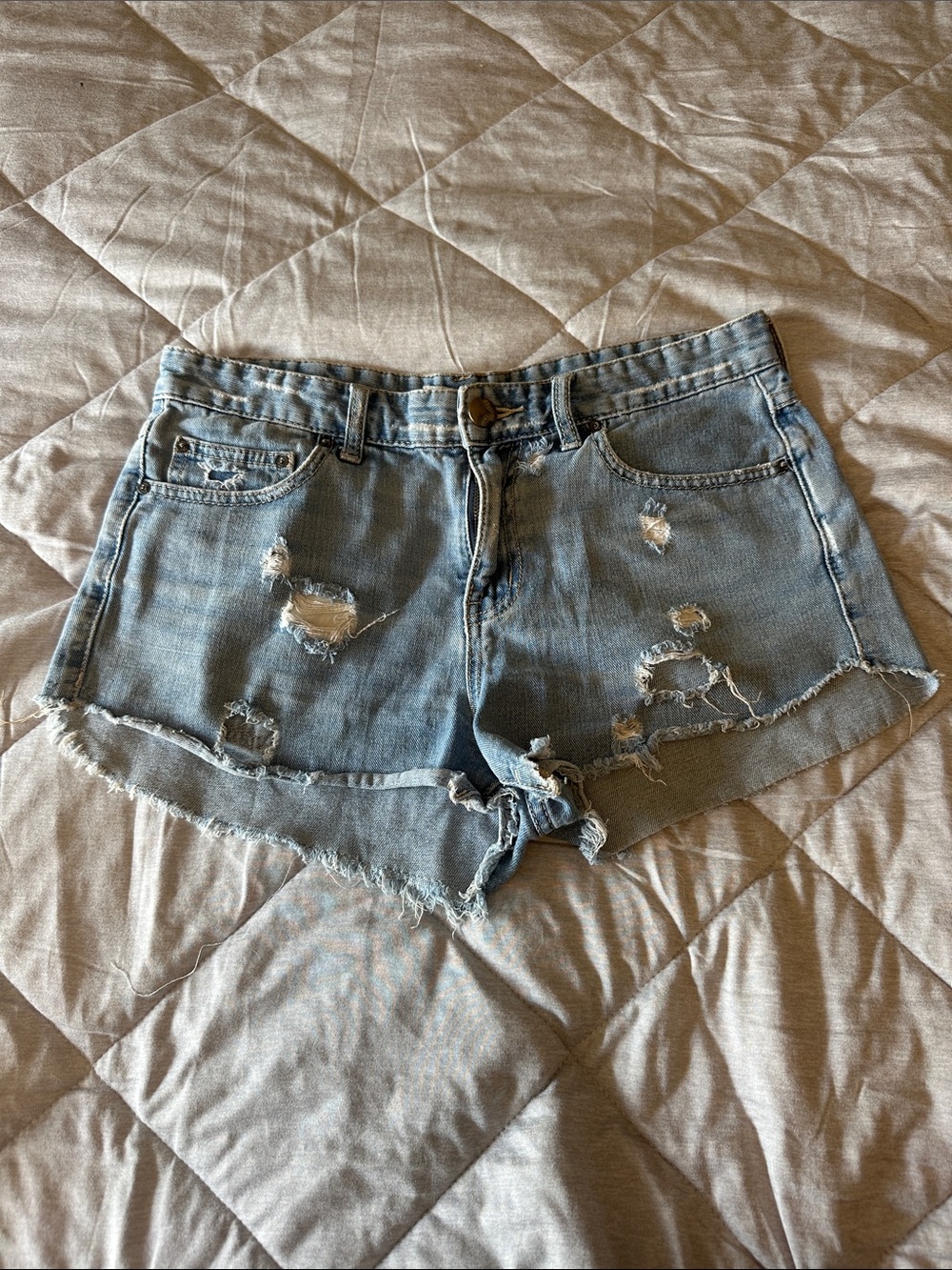 Free People Light Blue Distressed Denim Cutoff Shorts